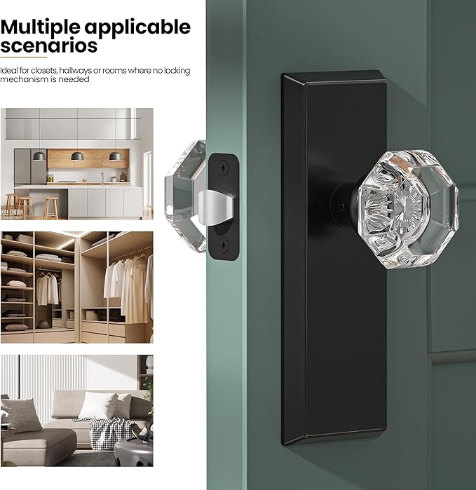 Glass Door Knobs for Interior Doors - Vintage Crystal Passage Closet & Hallway Door Knob - Diamond Cut Door Handle - Matte Black Finish (1 Pack)