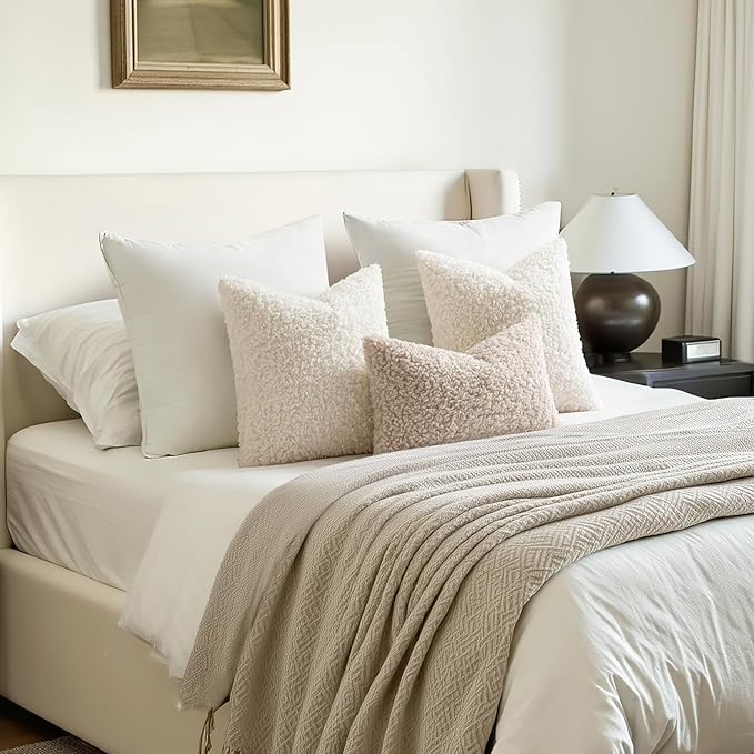 Woaboy Faux Fur Throw Pillow Covers 20x20 Inch Set of 2 Boucle Neutral Decorative Sherpa Fuzzy Accent Soft Sheepskin Fleece Cushions Modern Christmas Home Decor for Couch Sofa Bedroom Livingroom,White