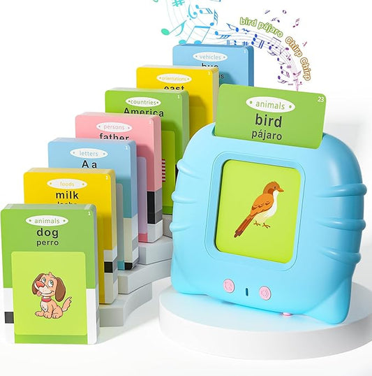 Bilingual Talking Flash Cards with 385 Sight Words (English/Spanish, Letters and Numbers), Montessori Educational Learning Interactive Toddler Toys, Speech Therapy Autism Sensory Toys, Blue
