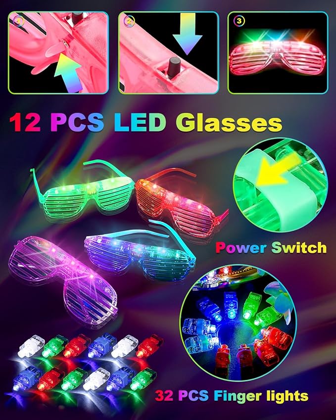 Glow in the Dark Party Supplies for Kids Adults, Glow Party Favors, Light Up Toys 100 Glow Sticks Bulk Party Pack, Bracelets LED Glasses Finger Lights Headband for Wedding Birthday New Year Halloween