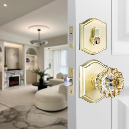 Champagne Crystal Glass Passage Door Knob and Single Cylinder Deadbolt Combo Set, Gold Satin Brass Finish