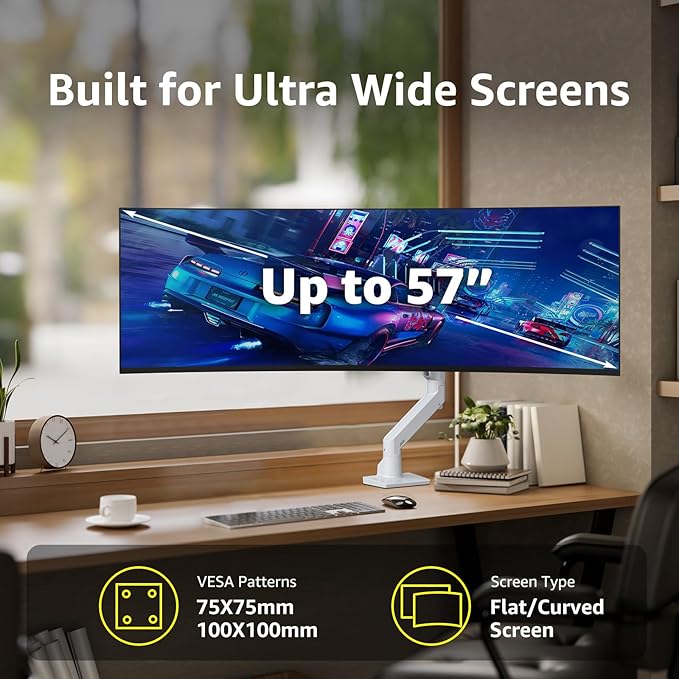 BEWISER Heavy Duty Monitor Arm Mount for 34-49 inches and Ultra 57 inches Screens,Weight Capacity Up to 44 lbs,Full Motion Height Swivel Adjustable Monitor Arm(White)