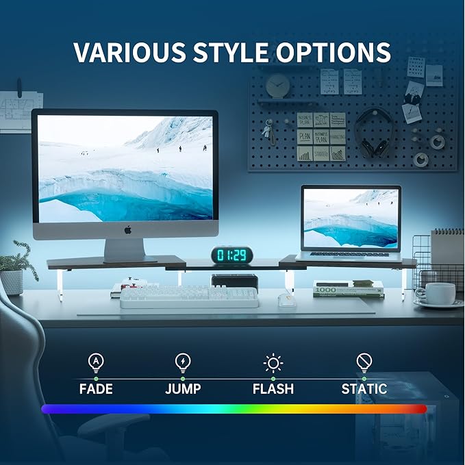 AFOOYO LED Dual Monitor Stand Riser for 2 Monitors,Office Desktop Wooden Stand Adjustable Length and Angle 3 Shelf,Extra Long Multifunctional Stand up to 44.4" for Computer,Laptop,TV,Walnut Finish