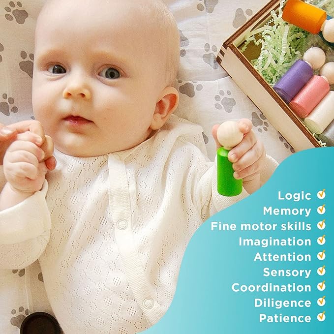 Ulanik Peg Dolls with Hats Toddler Montessori Toys for 3 Year Old + Kids Wooden Waldorf Dolls for Learning Color Sorting and Counting — 12 Gnomes, 2.36 in