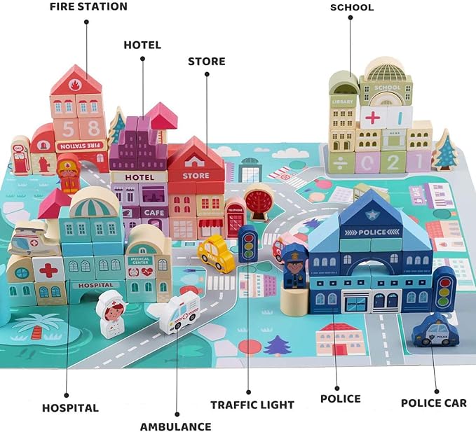 120PCS Wooden Blocks, Preschool Learning Educational Toys, Wooden Toddler Toys with City Map Construction, Stacking Blocks for 3+ Years Old Kids Boys Girls Children (Multicolored)