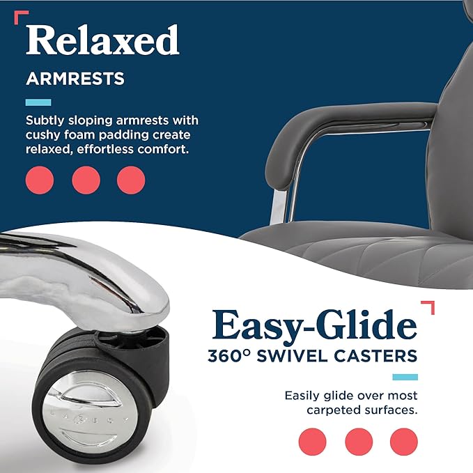 La-Z-Boy Sutherland Quilted Leather Executive Office Chair with Padded Arms, High Back Ergonomic Desk Chair with Lumbar Support, Grey Bonded Leather