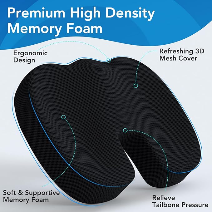 Seat Cushion & Lumbar Support Pillow for Office Chair, Car, Wheelchair Memory Foam Desk Chair Cushion for Sciatica, Lower Back & Tailbone Pain Relief Desk Pad with Adjustable Strap 3D Washable Cover