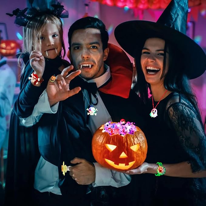 Halloween Party Favors for Kids - 57 PCS Halloween Decorations LED Flash Rings Light Up Necklaces Halloween Toys, Glow in the Dark Halloween Party Supplies, Halloween Gifts/Halloween Treats for Kids