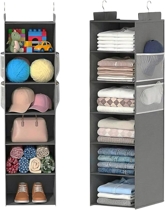ALLTIDYUP Extra Deep Hanging Closet Organizer with 6 Shelves and Oversized Mesh Pockets, Heavy-Duty Structure, No Deformation, Max Storage for Clothes, Shoes, Hats, Dorms and RVs, Grey,1-Pack