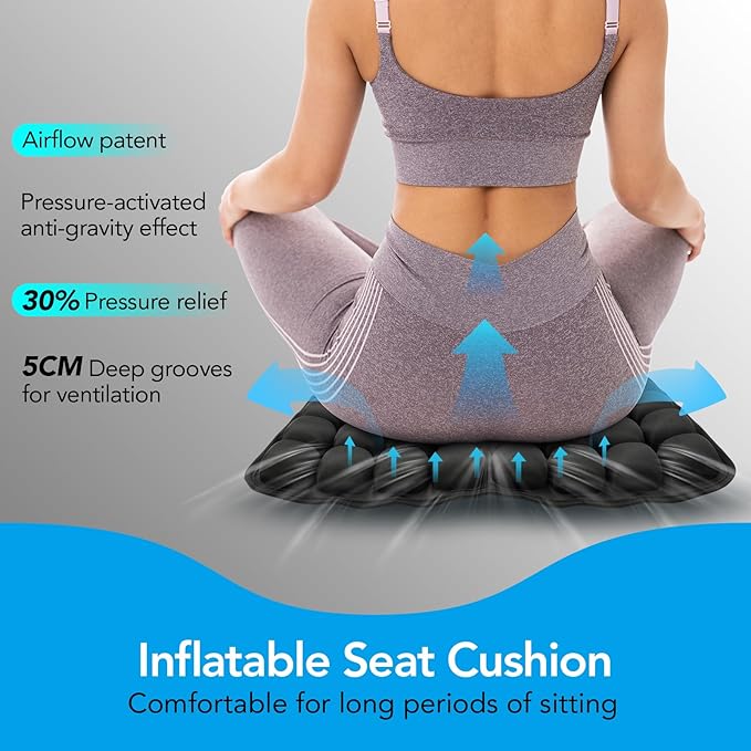 56 Air Cell Inflatable Travel Seat Cushion, 3D Air Bubble Design for Pressure Relief & Ergonomic Support, Self-Inflating with Press Button（No Pump Needed）,Portable for Office Chair,Car,Wheelchair,Home