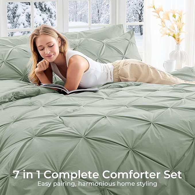 Sasttie King Size Comforter Set, 7-Piece Bed in a Bag, Pintuck Bedding Set for All Season, Includes Comforter, Flat Sheet, Fitted Sheet, Pillowcases and Pillowshams, Sage Grey