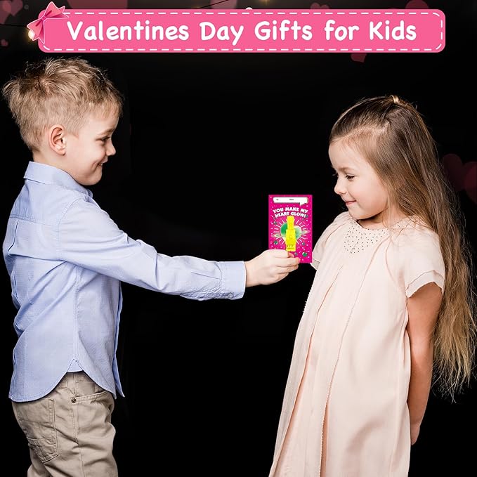 28 Pack Valentines Cards for Kids with LED Finger Lights, Valentines Day Gifts for Kids, Light Up Toys Bulk Valentines Day Cards for Kids Classroom School Exchange Prize Party Favors Set