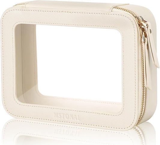 MSTONAL Clear Makeup Bag, Travel Toiletry Bag Cosmetic Case for Women, Waterproof Portable Make Up Skincare Pouch with Zipper, Compact Car Organizer Bag for Essentials, Medium Size, Beige