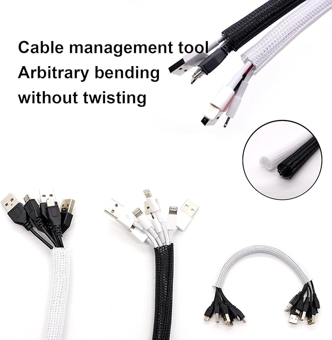 1/2"-10ft*2pcs Black/White Cable Sleeve - Protects Cords from Pets & Organizes Wires - Modern Style - Polyester Material - Flame Retardant - Easy to Use & Cut (Black, 10ft-1/2inch)