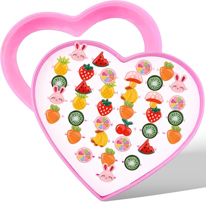 Little Girl Jewel Rings, Adjustable Pink Rings Girls Kids Pretend Play and Dress up Jewelry Set, Cute Rings with Display Case Party Favors Toys Gifts