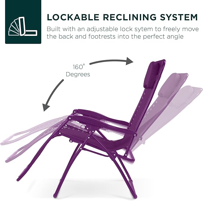 Best Choice Products Oversized Zero Gravity Chair, Folding Outdoor Patio Lounge Recliner w/Cup Holder Accessory Tray, Pillow - Amethyst