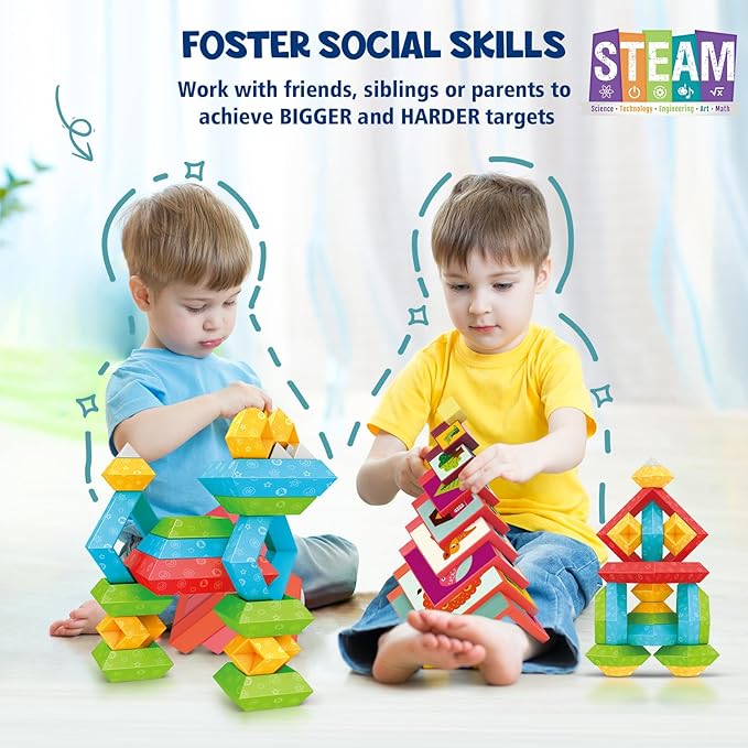 VATOS Montessori Toys Stacking Toys 3-in-1 Set for Toddlers and Kids, 49Pcs Building Blocks Preschool Sensory Toys STEM Toy for 1 2 3 4 5 6+ Years Old Baby Boys and Girls