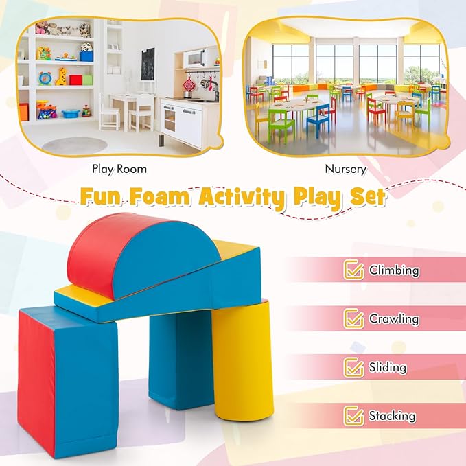 HONEY JOY 5-Piece Climb and Crawl Playset, Soft Climbing Foam Block Activity Play Structure Gym Equipment for Infant Baby, Color Coordination, Waterproof Indoor Climbing Toys for Toddlers (Red)