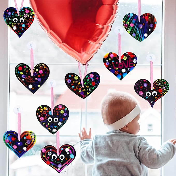 27 Sets Magic Color Scratch Paper Heart Ornaments Bookmarks Valentine Craft Kits Scratch Paper Heart Cutouts Pom-poms Googly Eyes for Kids Activity Art Project Valentine Party Favor Tree Decoration