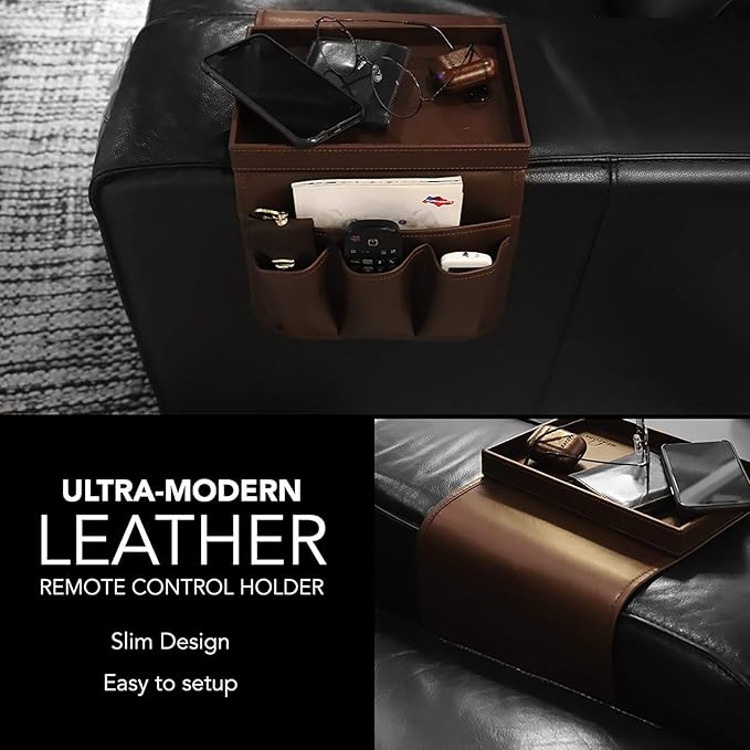 Couch Remote Caddy Control Holder Sofa Organizer with Detachable Wooden Snack Tray for Recliner Mattresses Chair Armrests with 4 Slots - 1 Large Pockets and 3 Small Pockets (Brown)