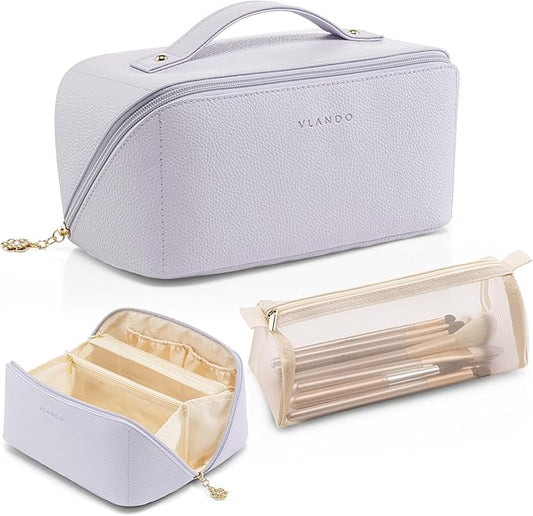 Vlando Makeup Bag,Large Capacity Toiletry Bag for Women Waterproof Portable Make up Pouch PU Leather Open Flat Cosmetic Bag(Purple)