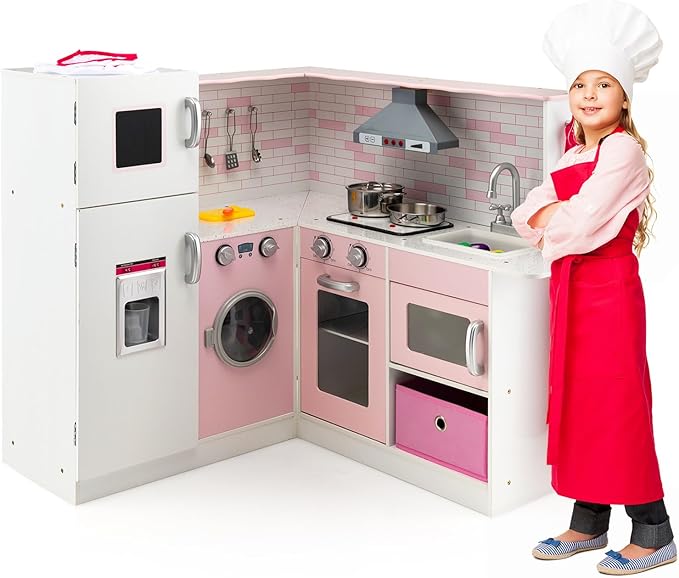 HONEY JOY Pink Corner Kids Kitchen Playset, Wooden Play Kitchen for Toddlers, Washing Machine, Range Hood, Water Dispenser, Cookware, Apron, Little Chef Pretend Toy Kitchen Set w/Lights & Sounds
