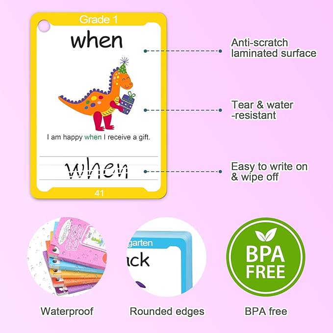 Sight Words Flash Cards Kindergarten - 220 Dolch Sight Words for Pre K, Kindergarten, 1st, 2nd, 3rd Grade - Homeschool Essential Learning Tools - Vocabulary Builder Montessori Toy for Kids 3-5 4-8 5-7