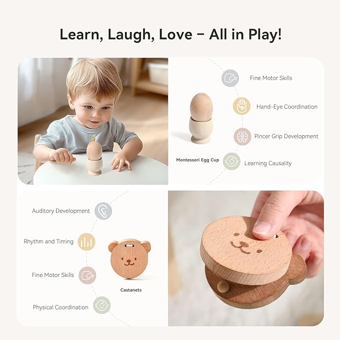 IEATFO Montessori Toys for Babies 9-12 Months, 7-in-1 Wooden Playful Learning Toys with Egg Cup, Castanets, Magic Tissue Box, Textured Shape Puzzle, Cylinder Drop Box and More, Stage-Based Toys