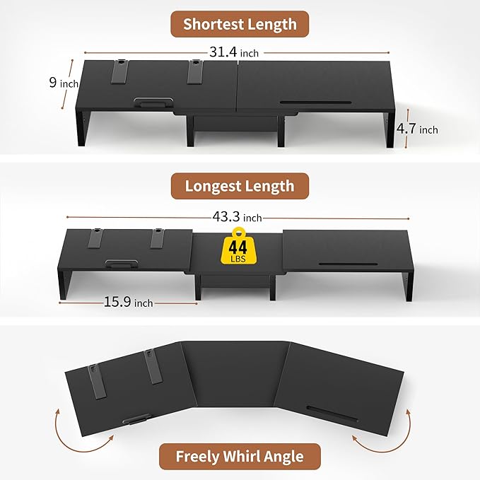 Dual Monitor Stand Riser - Computer Monitor Stand for 2 Monitors，Office Desktop Organizer，Adjustable Length and Angle 3 Shelf with Storage Drawer Phone Holder for Monitors and Laptops-Black