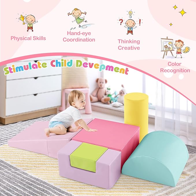 HONEY JOY 6-Piece Climb and Crawl Playset, Soft Climbing Foam Block Activity Play Structure Gym Equipment for Infant Baby, Color Coordination, Waterproof Indoor Climbing Toys for Toddlers (Red)