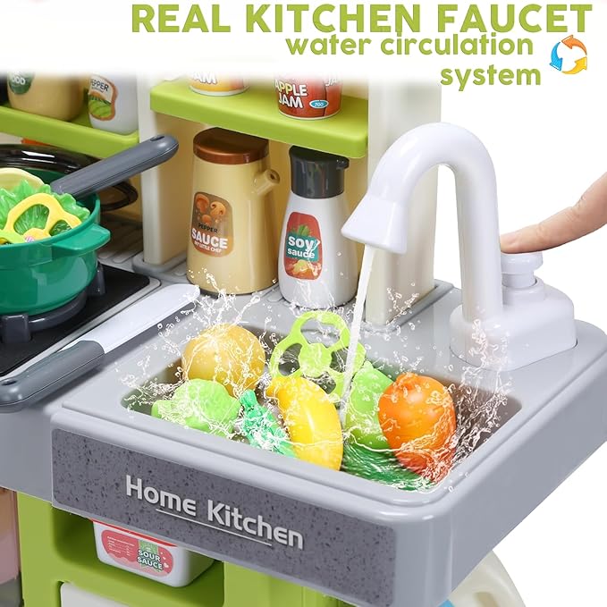 Kids Kitchen Playset, Pretend Kitchen Toys for Toddlers with 63 Pcs Toy Kitchen Accessories, Realistic Lights & Sounds, Spray, Play Sink, and Play Food - Kitchen Set for Girls Boys Aged 3 4 5+ (Green)
