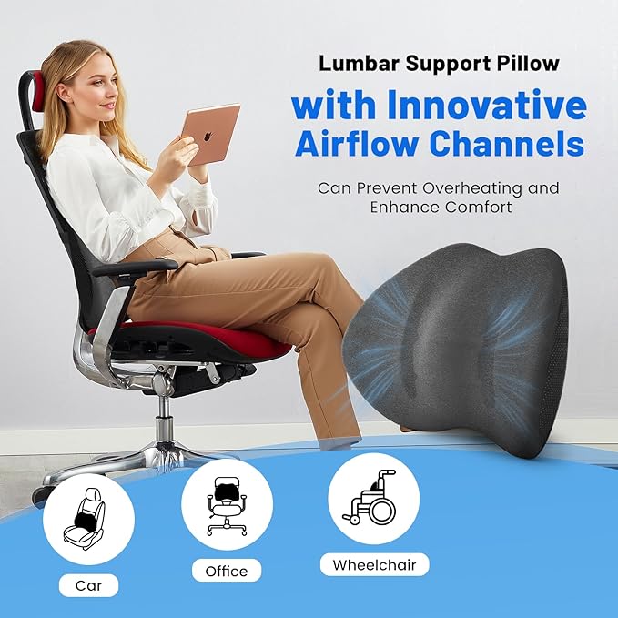 Lumbar Support Pillow for Car Seat & Office Chair, Soft Memory Foam Lower Back Support for Pain Relief and Posture Correction, Lumbar Pillow with Breathable Airflow Channels