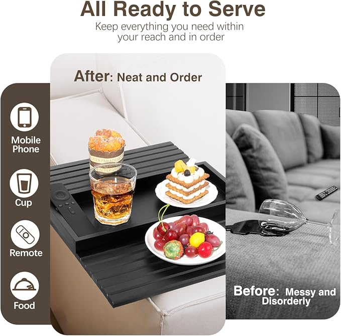 Couch Arm Tray, Bamboo Sofa Table for Couch, Sofa Armrest Tray Table, Anti-Slip Armrest Organizer, Foldable Couch Cup Holder for Snacks, Phone, Control, Cups, Black