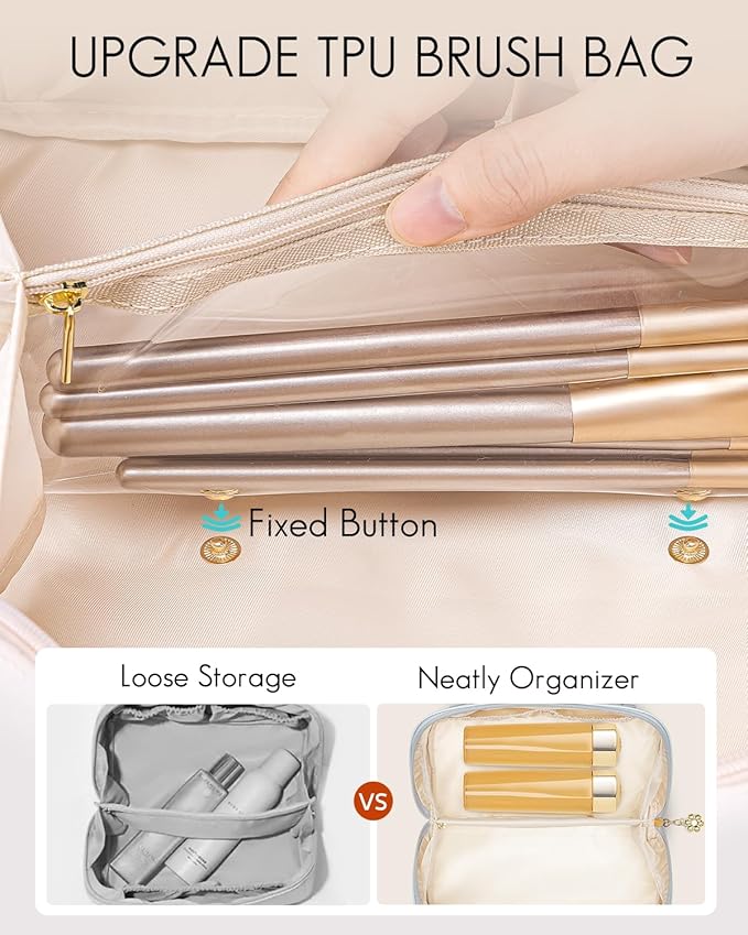 Vlando Makeup Bag,Large Capacity Toiletry Bag for Women Waterproof Portable Make up Pouch PU Leather Open Flat Cosmetic Bag(Baby Blue)