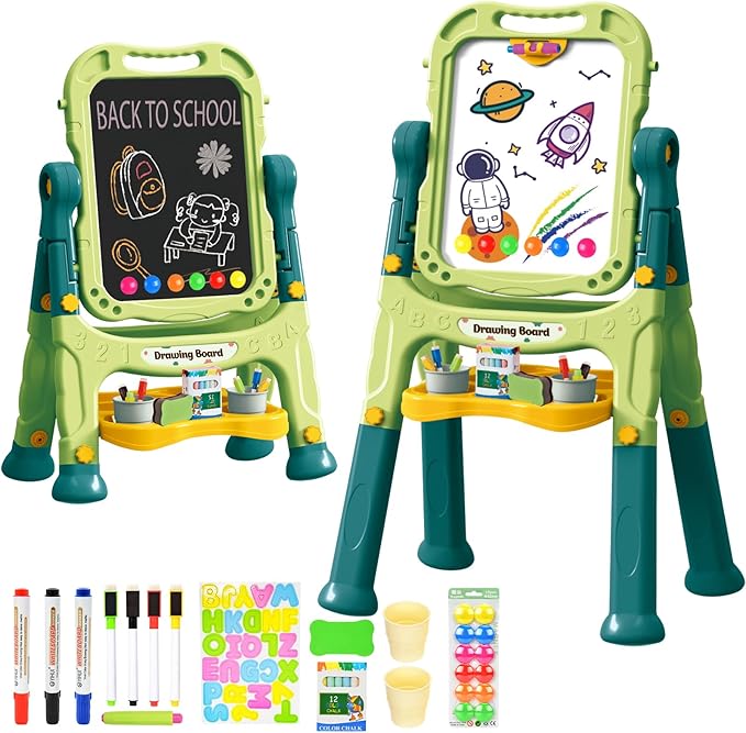 Amagoing Easel for Kids, Adjustable Standing Art Easel for Toddler, Double Magnetic Drawing Board with Painting Accessories, Birthday Christmas Gift for Little Boys and Girls, Middle Size (Green)