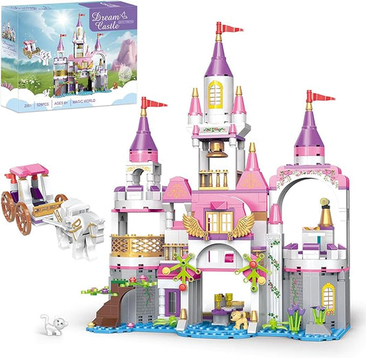 BRICK STORY Dream Girls Princess Castle with Carriage Building Blocks 516 Pieces Pink Castle Toys for Girls 6-12 Years Old Palace Creative STEM Building Toys Gift for Kids Birthday Christmas