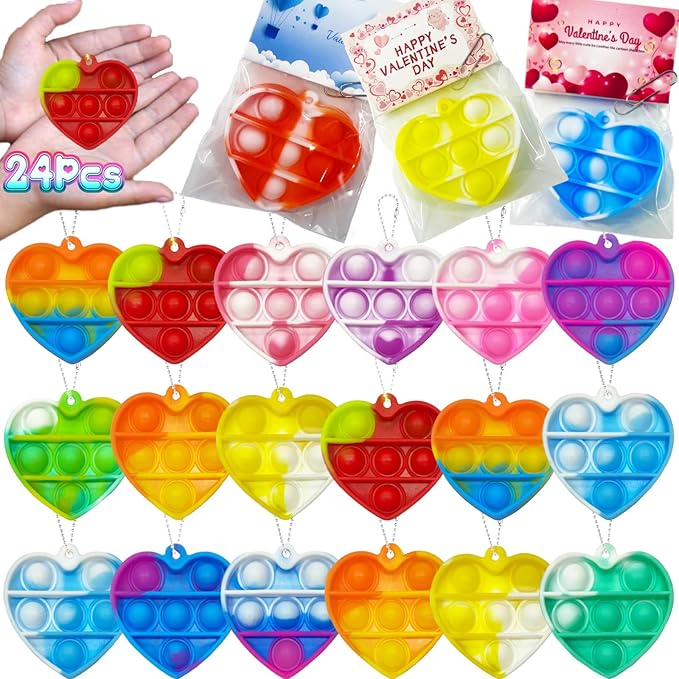 24 Packs Valentines Day Cards for Kids, Heart Pop Valentines Fidget Toys Bulk Stress Relief Fidget Toys for Kids Valentine's Party Favors School Classroom Exchange Gifts，Valentine's Day Gift