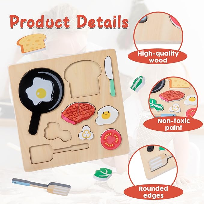 Adena Montessori Wooden Puzzles Play Fake Food for Kids Cookware Fried Egg Vegetables Set Kitchen Toys