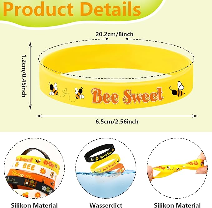JUNEBRUSHS 42pcs Bee Party Favors Silicone Bracelets Bee Theme Rubber Wristbands Accessories for Students Boy Girl Bee Birthday Baby Shower Party Favors Decorations Supplies(3 Designs)