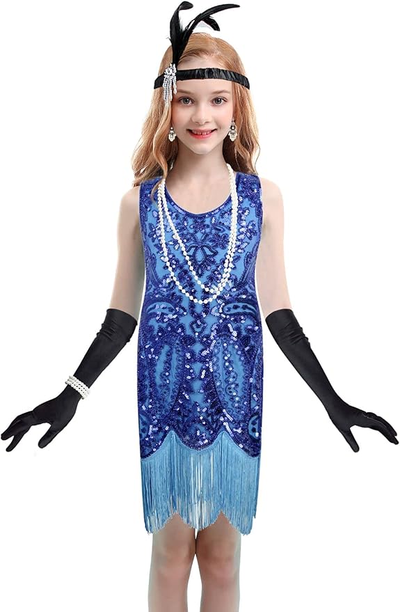 1920's Sequins Flapper Dress Children's Day Gift Party Halloween Costumes for Girls Accessories Set
