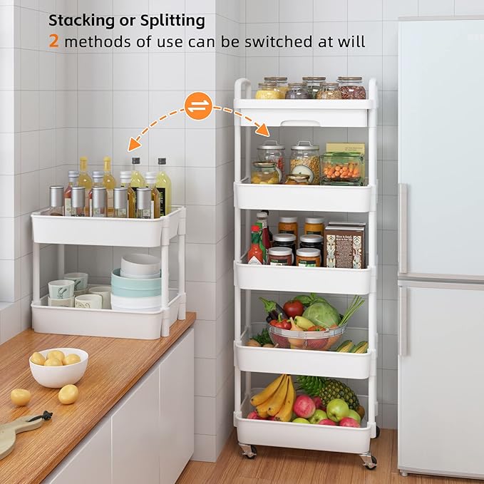 Calmootey 5-Tier Rolling Utility Cart with Drawer,Multifunctional Storage Organizer with Plastic Shelf & Metal Wheels,Storage Cart for Kitchen,Bathroom,Living Room,Office,White