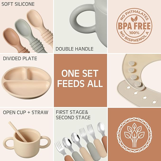 24 Pack Silicone Baby Feeding Set Baby LED Weaning Supplies Includes Suction Divided Plates Soft Bowl Spoons Forks Adjustable Bib Snack Cup and Straws(Walnut Color, Beige, Smoky Gray)