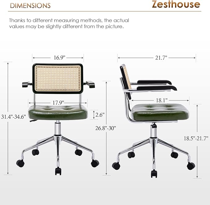 Zesthouse Modern Home Office Chair Leather Desk Chair with Rattan Back, Vanity Chair for Girls Women, Upholstered Tufted Swivel Armchair for Bedroom, Height Adjustable Computer Task Chair