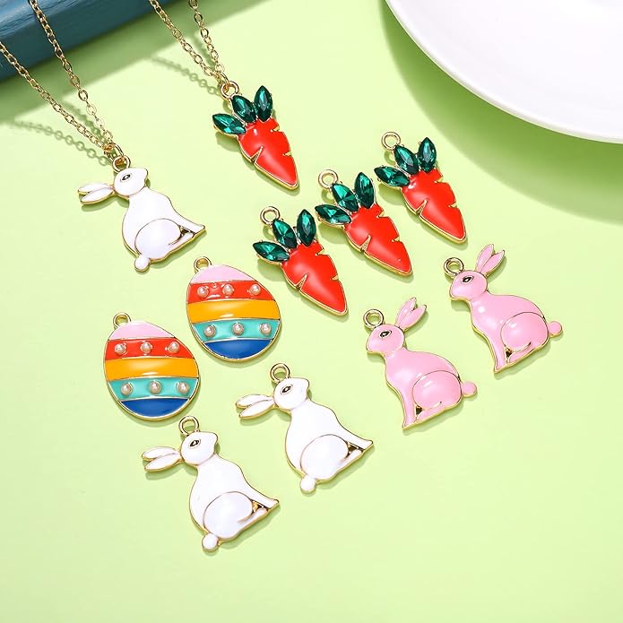 40PCS Easter Charms Enamel Bunny Carrot Egg Pendant Charms for Jewelry Making Cute Meatl Animal Rabbit Charms for Necklace Bracelet Earring Making DIY Crafts