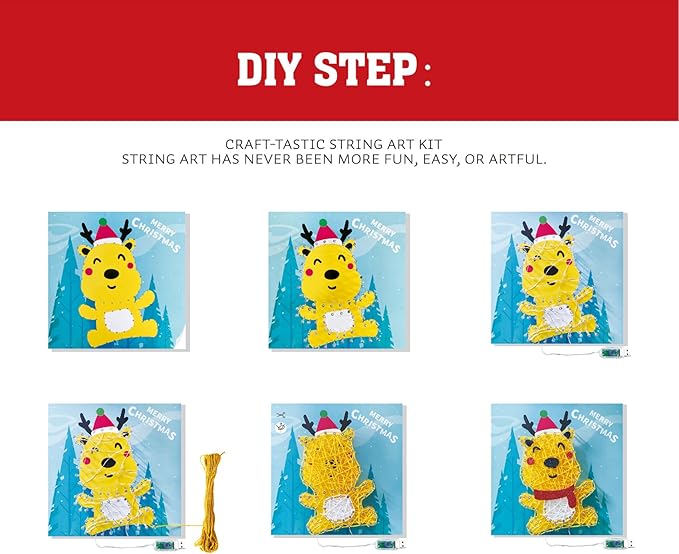 eirix Christmas Elk String Art Craft Kit with USB Plug-in LED String Lights Inside and Small Easel, Xmas Holiday DIY Toys Gifts for Kids 6+ (ELK-Yellow)