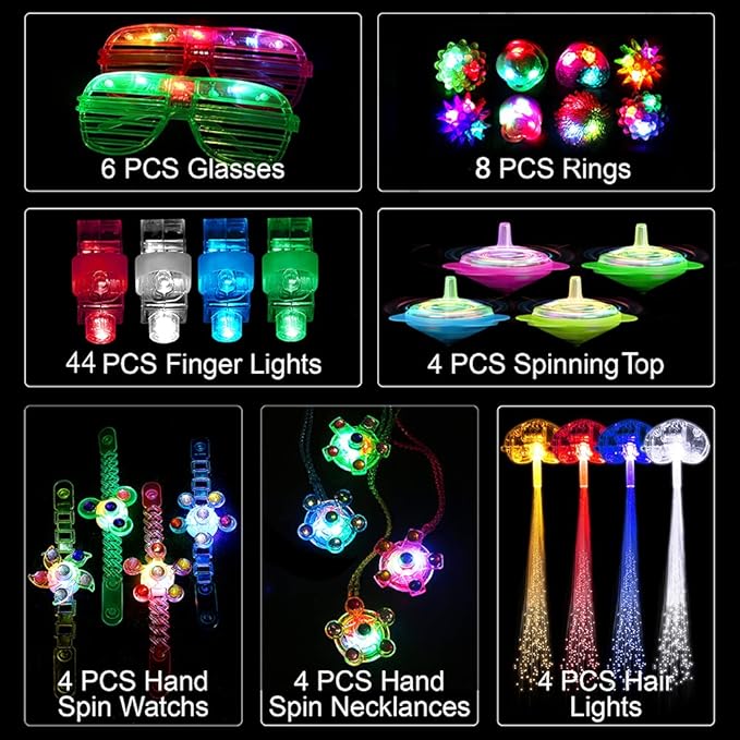 74 Pcs Light Up Toy Party Favors Glow in the Dark Party Supplies for Kid Adults with 44 Finger Lights 8 Jelly Rings 6 Glasses 4 Bracelets 4 Necklaces 4 Fiber Optic Hair Lights and 4 Spinning Top