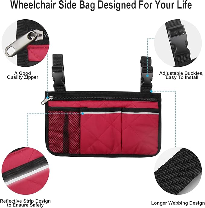 Wheelchair Side Bag, Armrest Storage Pouch with Cup Holder and Reflective Strip for Wheelchairs, Walkers or Rollators (Red)