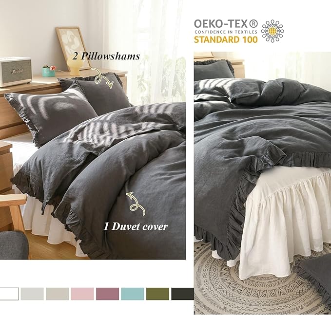 Simple&Opulence 100% Linen Duvet Cover Set, 3 PCS Natural French Flax Dark Grey Ruffle Duvet Cover Queen Size, Breathable Comfy Linen Bedding Comforter Cover with 2 Pillowcases (Dark Grey, 88" X 92")