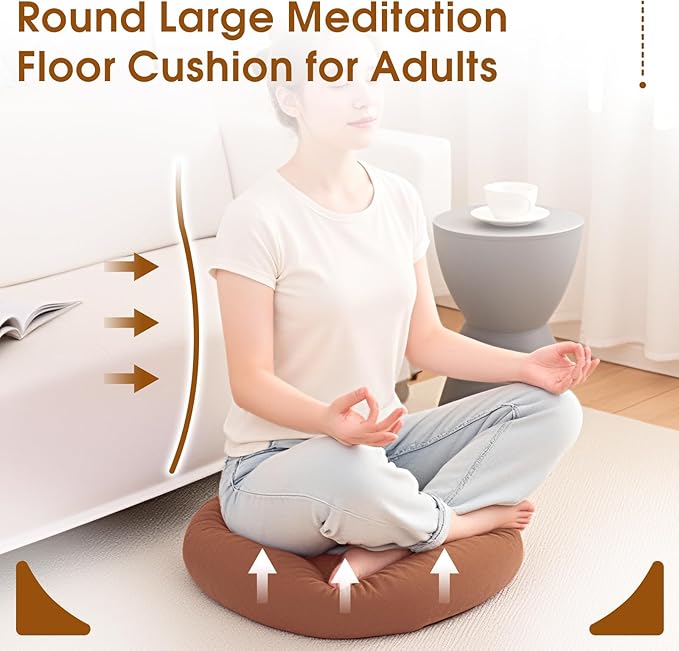 2Pcs Floor Pillows for Adults, 22x22x6 Inch Meditation Cushions, Large Round Sitting Cushion Living Room Memory Foam Pillow for Sitting (2, Brown, 22x22x6 Inch)