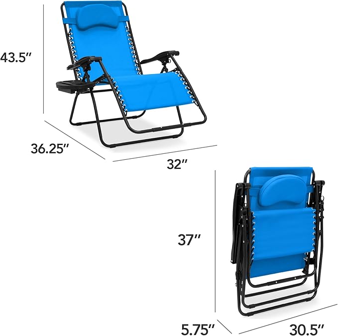 Best Choice Products Oversized Zero Gravity Chair, Folding Outdoor Patio Lounge Recliner w/Cup Holder Accessory Tray, Pillow - Light Blue